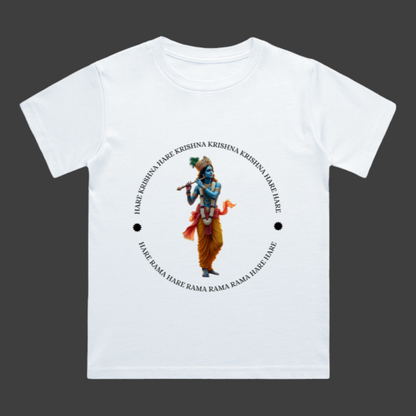 Hare Krishna Spiritual T-Shirt –White- Divine Lord Krishna Flute Design Boy's & Girls Crew Neck T-Shirt