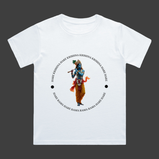 Hare Krishna Spiritual T-Shirt –White- Divine Lord Krishna Flute Design Boy's & Girls Crew Neck T-Shirt