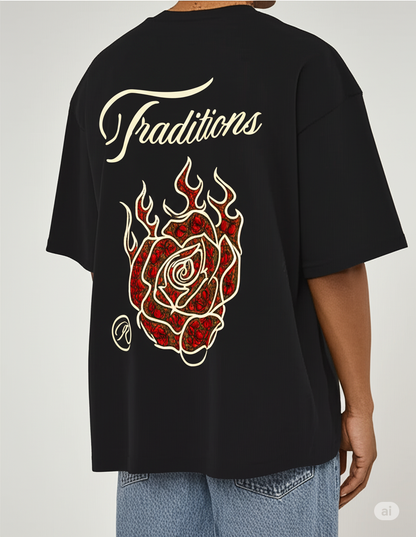 Traditions Black Oversized Unisex  T-Shirt – Flaming Rose Graphic Streetwear Tee | MONOQ